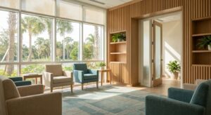 Calm, naturally lit interior of mental health treatment facility in Port St. Lucie with comfortable seating and calming blue-green accents