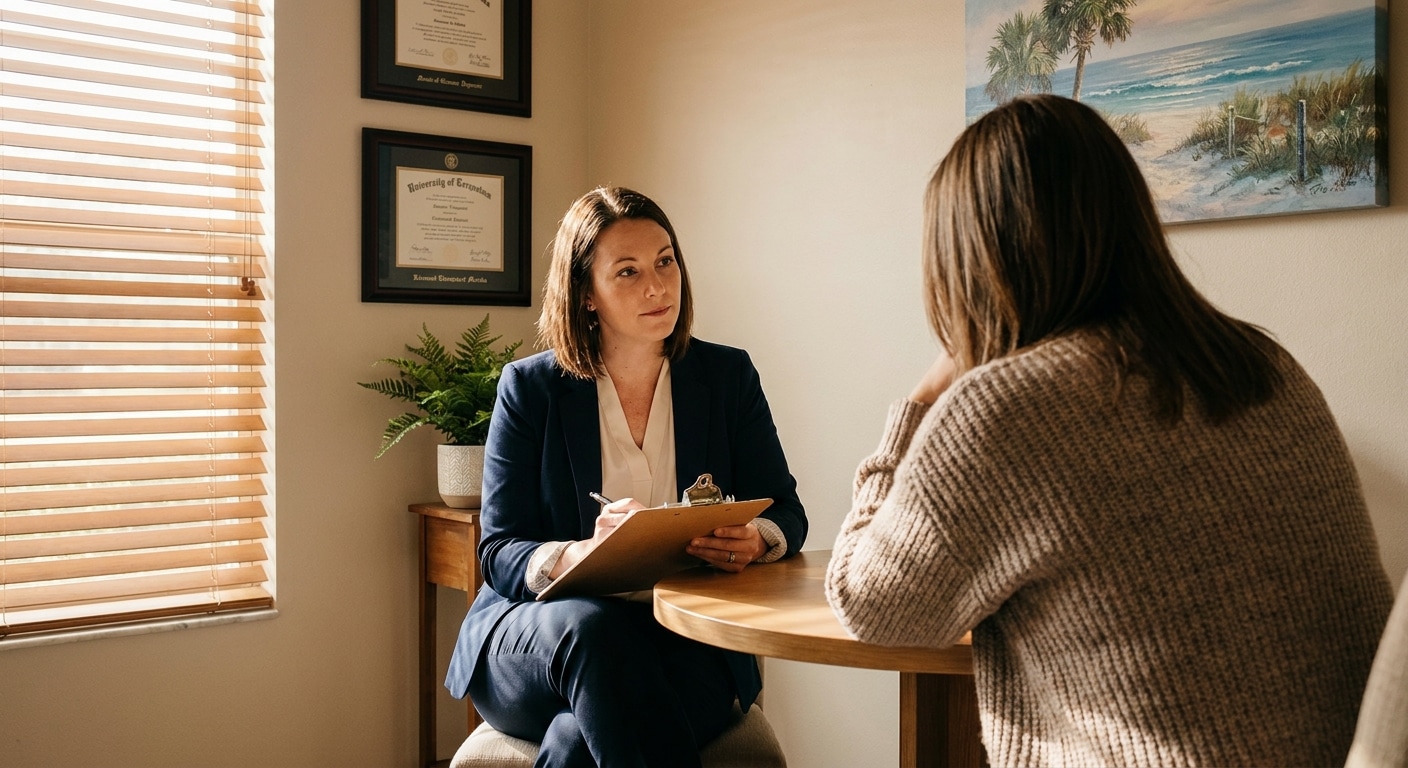 Licensed therapist conducting an individual counseling session with a client in a clinical office at Miracles Recovery Center in Port St. Lucie, illustrating personalized evidence-based addiction treatment
