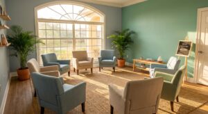 Bright group therapy room at Miracles Recovery Center in Port St. Lucie with chairs arranged in circle and natural sunlight