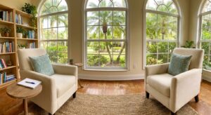 Sunlit therapy room with comfortable seating and palm trees visible through windows at recovery center in Port St. Lucie serving West Palm Beach area