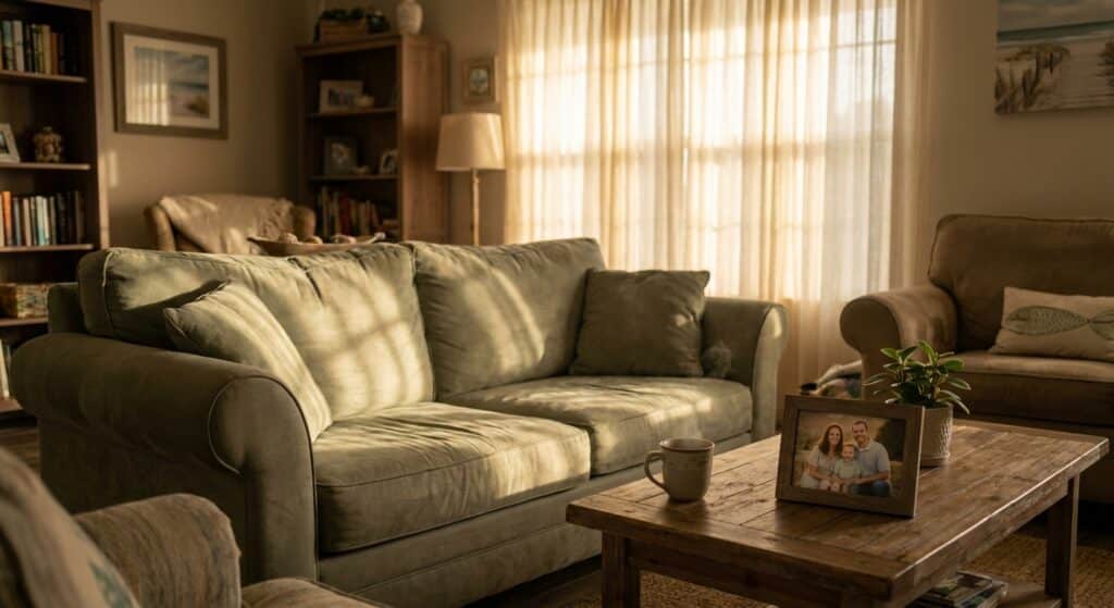 Sunlit living room in Port St. Lucie home with empty couch and family photo, representing the quiet space where families begin difficult conversations about recovery