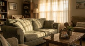Sunlit living room in Port St. Lucie home with empty couch and family photo, representing the quiet space where families begin difficult conversations about recovery