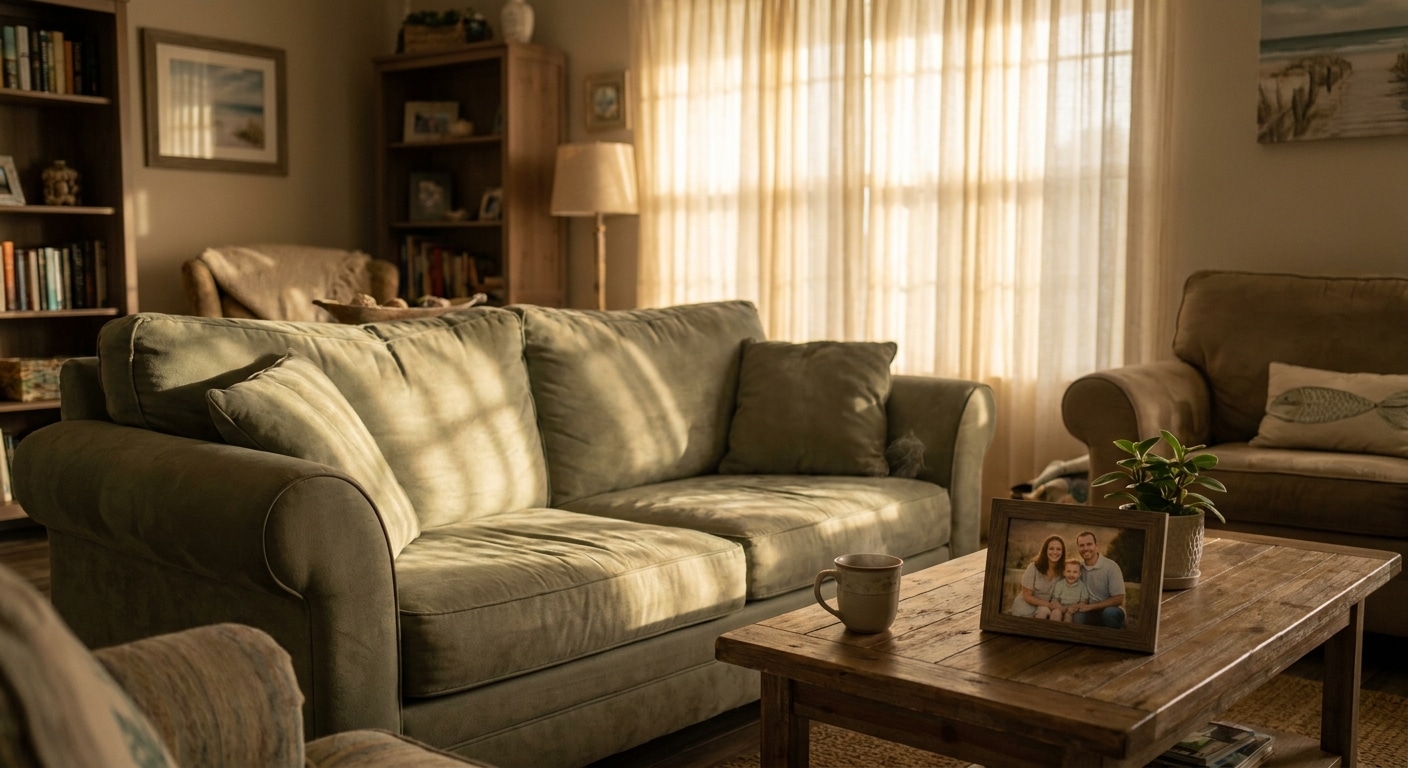 Sunlit living room in Port St. Lucie home with empty couch and family photo, representing the quiet space where families begin difficult conversations about recovery