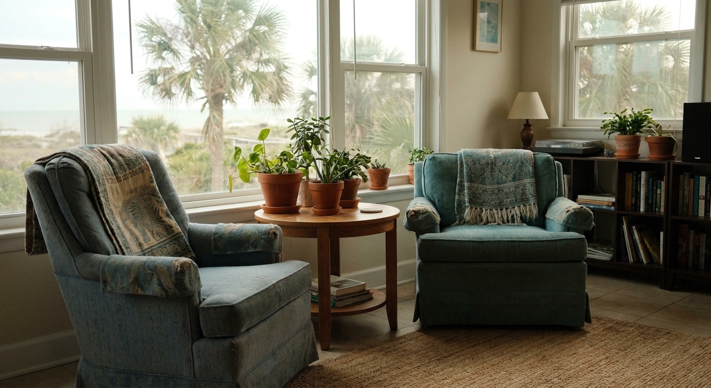 Empty therapy chairs in sunlit counseling room with plants and palm tree view, representing safe space for addiction and mental health treatment