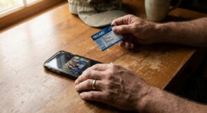 Service member's hands holding TRICARE card and phone while seeking rehab coverage information