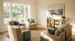 Sunlit counseling room with comfortable seating arranged in supportive circle, featuring calming coastal blue-green accents in Port St. Lucie treatment center