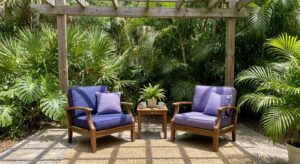 Comfortable therapy chairs on a tranquil covered patio surrounded by tropical greenery in Port St. Lucie, representing a safe space for anxiety treatment