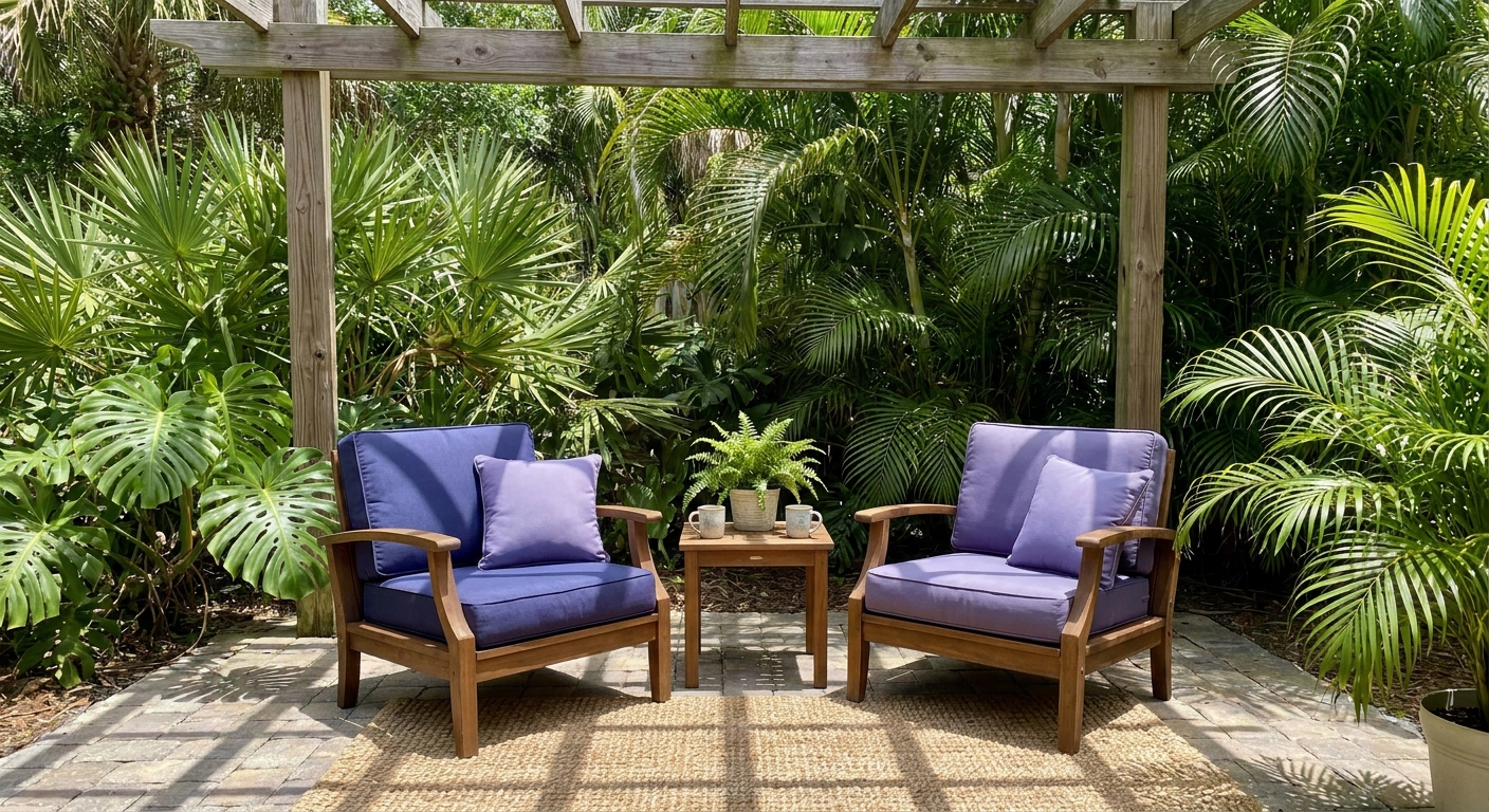 Comfortable therapy chairs on a tranquil covered patio surrounded by tropical greenery in Port St. Lucie, representing a safe space for anxiety treatment