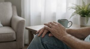 Close-up of adult hands showing subtle tension during a quiet moment in a therapy setting, representing the physical manifestations of unresolved trauma