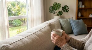 Person holding a warm beverage in a sunlit therapy room, representing a moment of calm and reflection during mental health treatment
