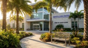 Welcoming entrance to Miracles Recovery Center PHP facility in Port St. Lucie with palm trees and morning sunlight