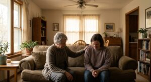 Parent sitting with adult child on couch with supportive hand on shoulder in quiet moment of connection during difficult conversation about treatment