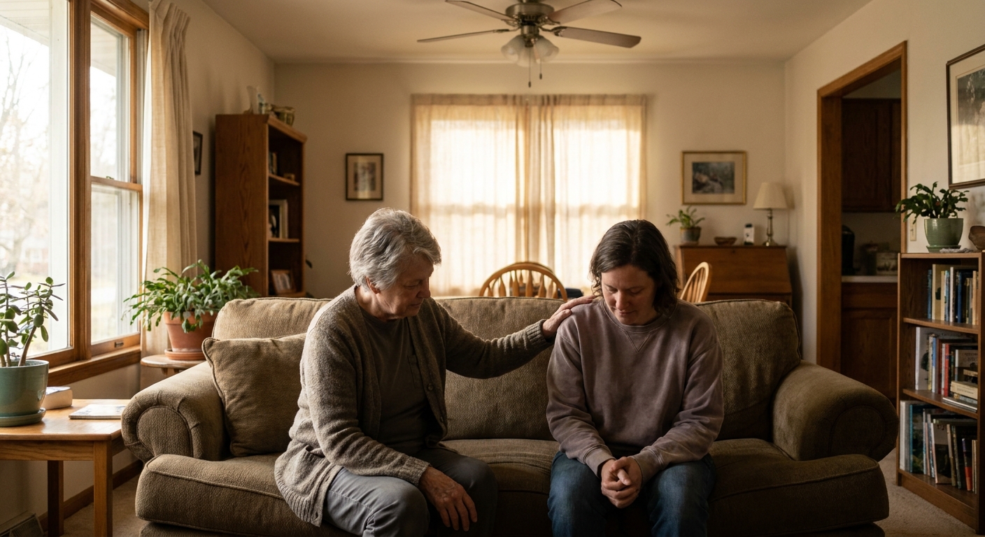 Parent sitting with adult child on couch with supportive hand on shoulder in quiet moment of connection during difficult conversation about treatment