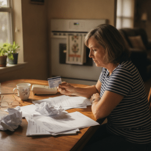 Woman reviewing Blue Cross Blue Shield insurance card and paperwork at kitchen table while considering addiction treatment options
