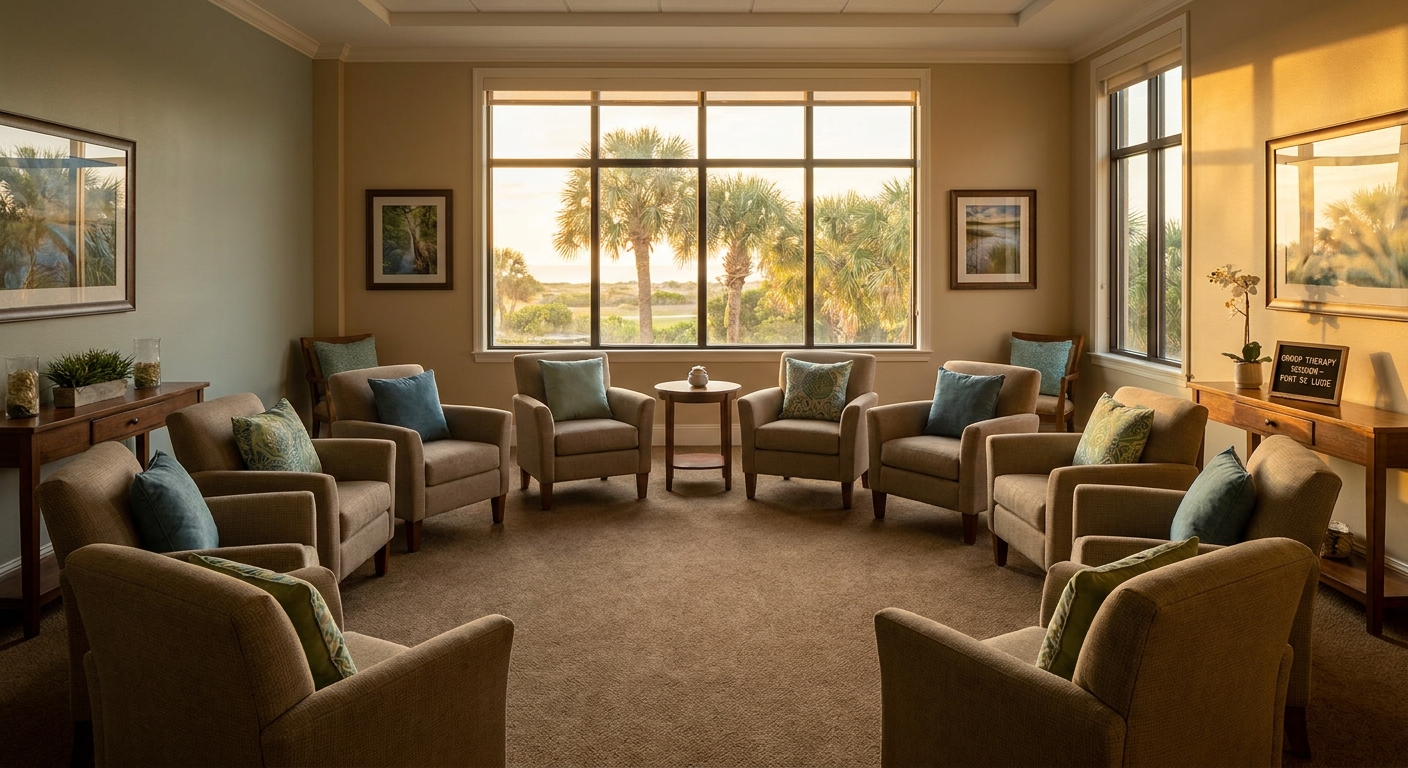 Empty group therapy chairs arranged in a circle in a sunlit treatment room at Miracles Recovery Center in Port St. Lucie