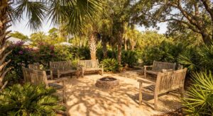 Outdoor therapy courtyard with wooden benches under palm trees in Port St. Lucie, suggesting a peaceful behavioral health treatment setting