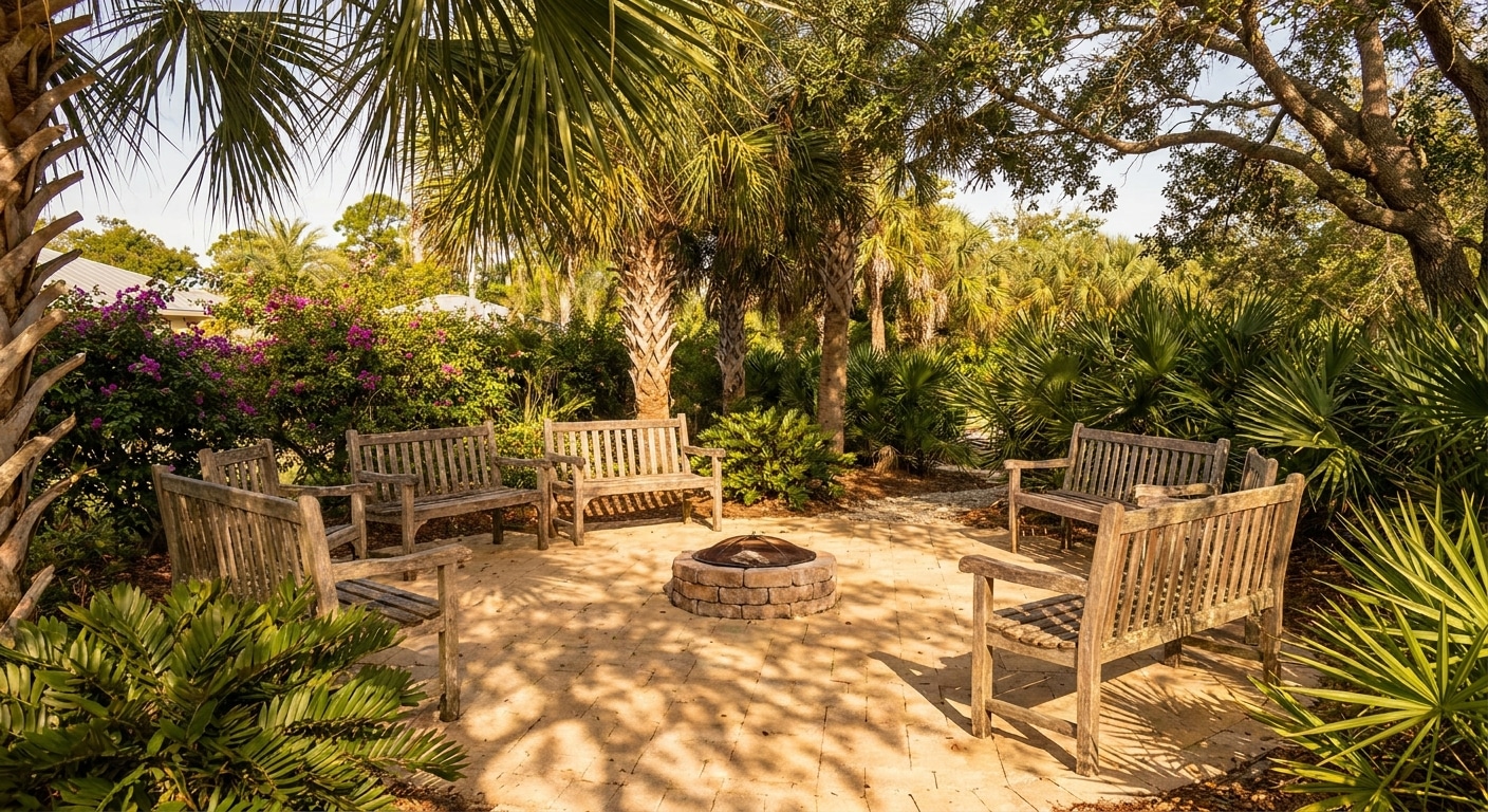 Outdoor therapy courtyard with wooden benches under palm trees in Port St. Lucie, suggesting a peaceful behavioral health treatment setting
