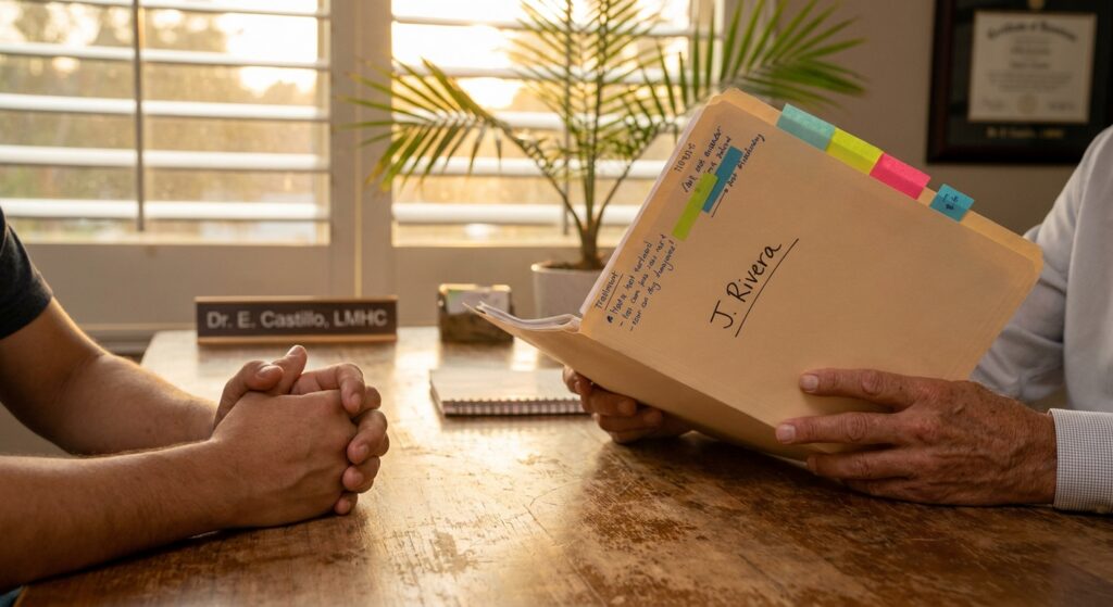 Therapist and client hands across table with personalized treatment documentation during intake consultation at addiction recovery center