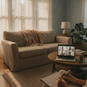 Laptop open on a home coffee table during evening hours showing a video therapy session, with a notebook and comfortable living room setting in warm natural light