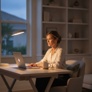 Professional woman attending evening telehealth session from home office in Florida