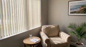 Empty therapy chair in sunlit treatment room at Florida mental health center, conveying a welcoming space for depression treatment