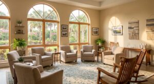 Bright common room with chairs arranged in a circle for group therapy, sunlight and palm trees visible through windows
