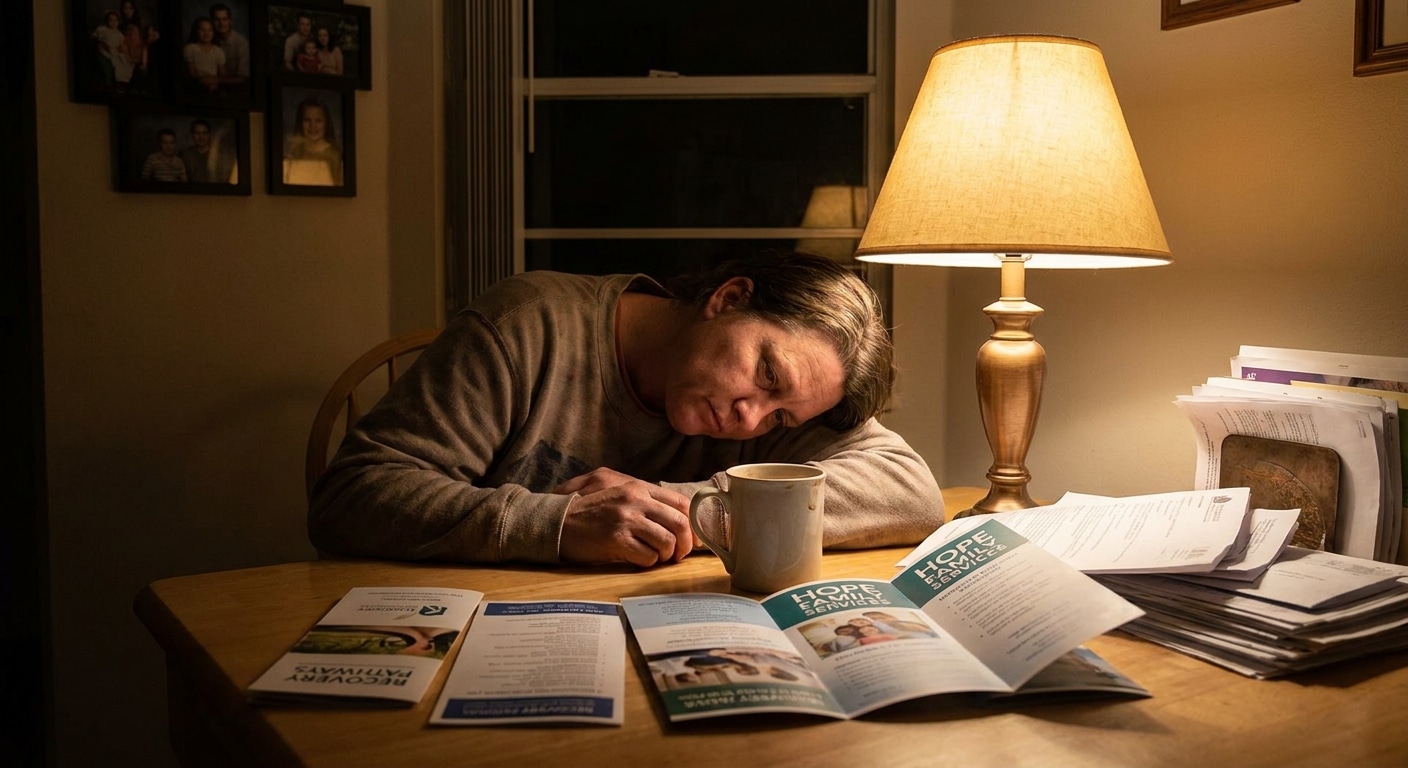 Parent reviewing residential treatment program documents at kitchen table late at night in Port St. Lucie home