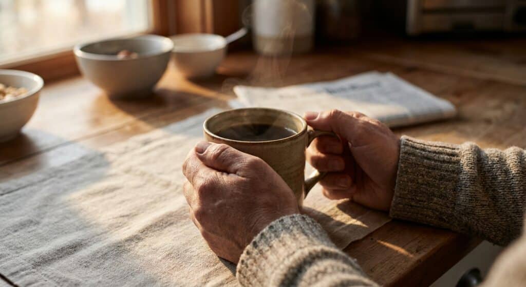 Person's hands holding a coffee mug at a kitchen table in morning light, representing a quiet moment of reflection