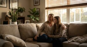 Mother and teenage daughter sitting together on a couch in a counseling office, the mother's arm around her daughter in a supportive gesture, both with thoughtful expressions in soft natural light